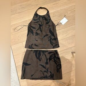 Reformation Avielle Black Floral Linen Halter Top & Mini Skirt Set
